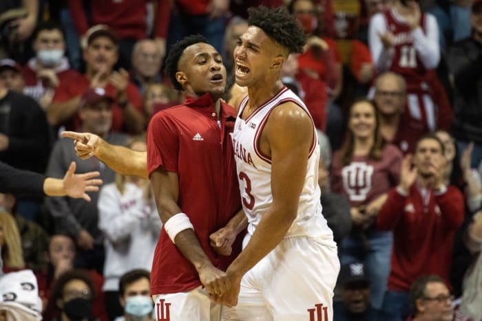 Indiana forward Trayce Jackson-Davis (23) celebrates with guard Tamar Bates (53) in the second half against Marshall at Simon Skjodt Assembly Hall last season.